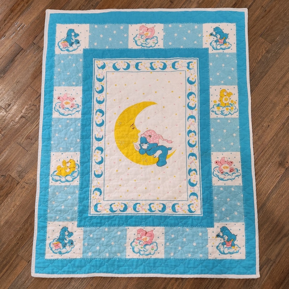 Vintage Care Bears Baby Toddler Quilt 44"x34" Blue Stars Moon Sleeping Bears
